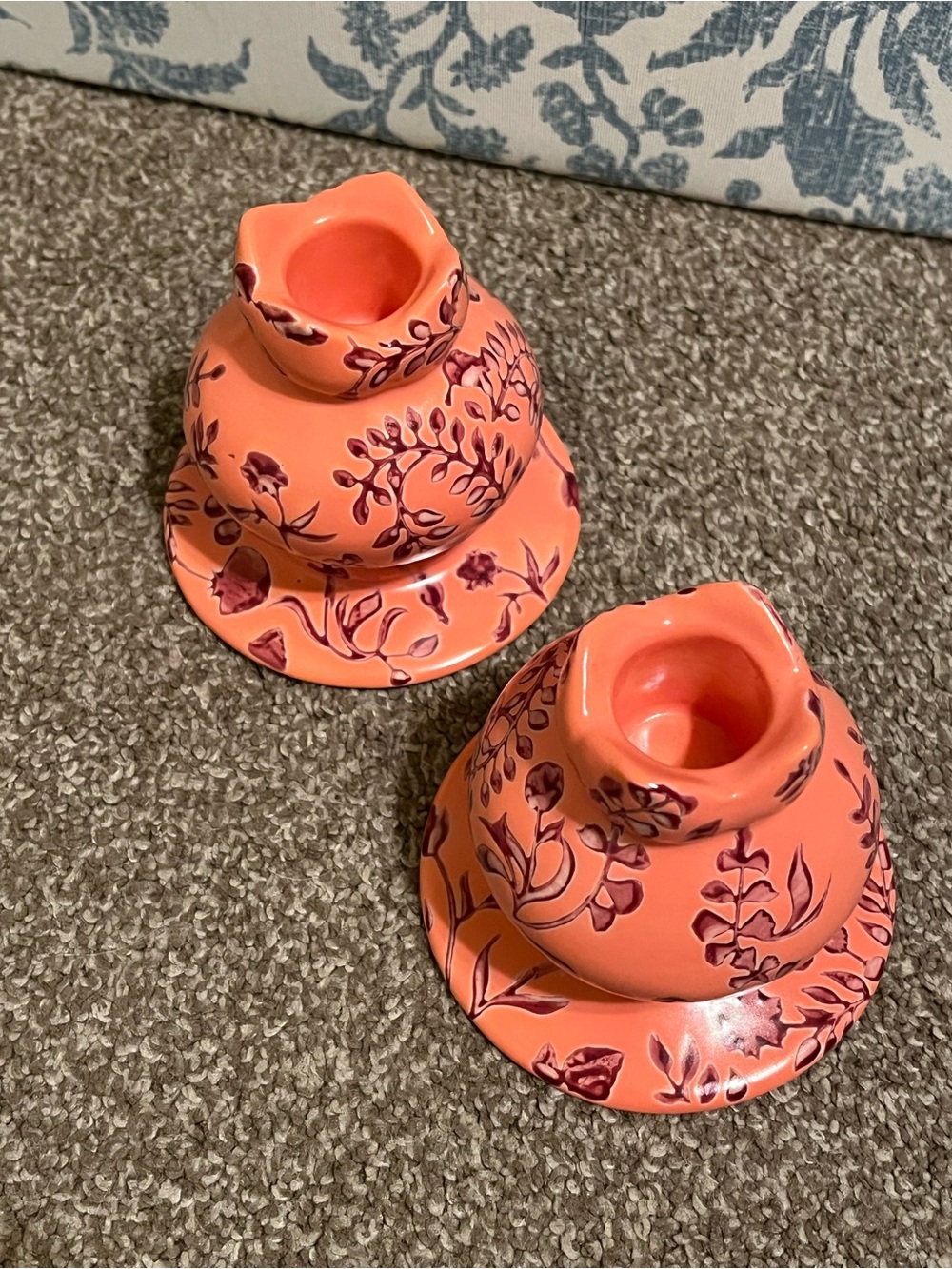 Anthropologie Floral Ceramic Candle Holders in Coral (Set of 2)